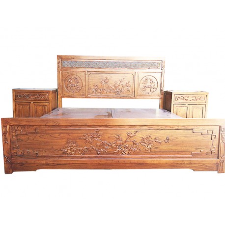 Lit chinois sculpté avec tiroirs de rangement 180x210x110 et 2 chevets
