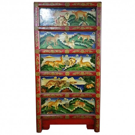 Commode tibétaine 5 tiroirs animaux 50x34x100