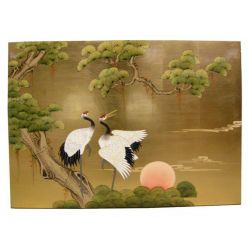 Tableau chinois doré oiseaux grue 122x 92
