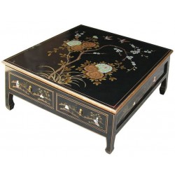 Table chinoise de salon noire motifs fleurs et oiseaux
